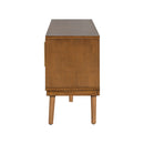 TV Stand With Vertical Slatted Doors And Sliding Panels, Solid Wood Legs - Brown