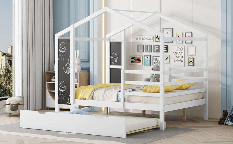 Full Size Wood House Bed with Fence and Writing Board, White