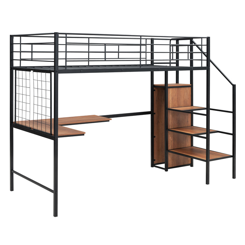 Twin Size Metal Loft Bed with Desk and Metal Grid, Stylish Metal Frame Bed with Lateral Storage Ladder and Wardrobe, Black