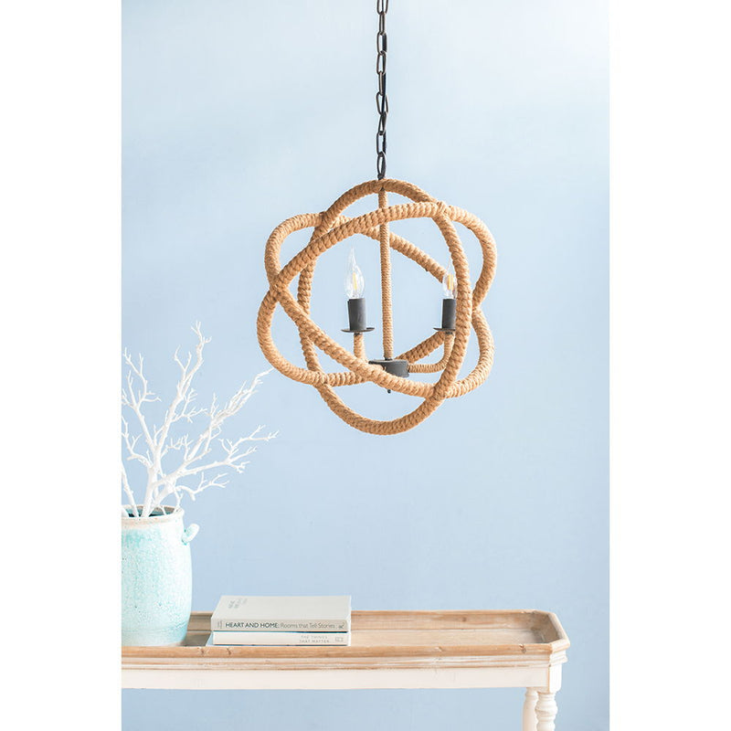 3 Light Farmhouse Chandelier, Rope Chandelier Globe Hanging Light Fixture With With Adjustable Chain For Kitchen Dining Room Foyer Entryway, Bulb Not Included - Beige Brown