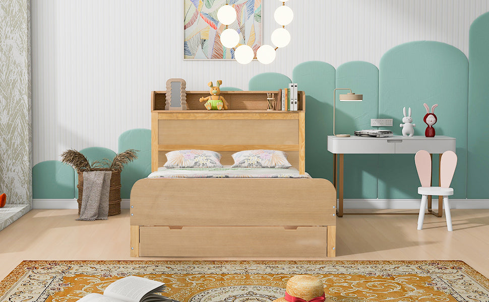 Full Size Platform Bed with Storage Headboard and a Big Drawer, Wood Color - Atlantic Fine Furniture Melbourne FL
