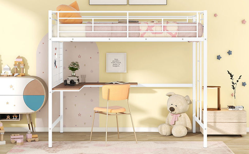 Full Loft Bed With Desk And Grid - White