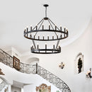 2 Tiers Wagon Wheel Chandelier Wooden Farmhouse 36 Light (24 / 12) Or (12 / 24) Metal Chandeliers 2 Story Light Fixtures Industrial For High Ceiling Living Dining Room Foyer, Adjustable Height - Black