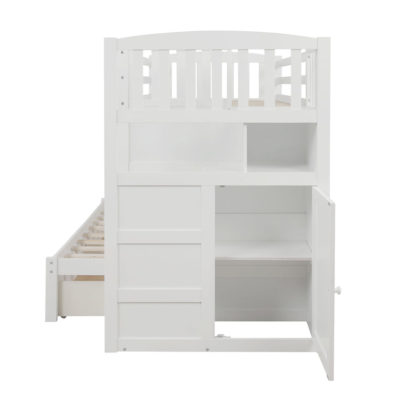 Bunk Bed, Convertible Bottom Bed, Storage Shelves And Drawers