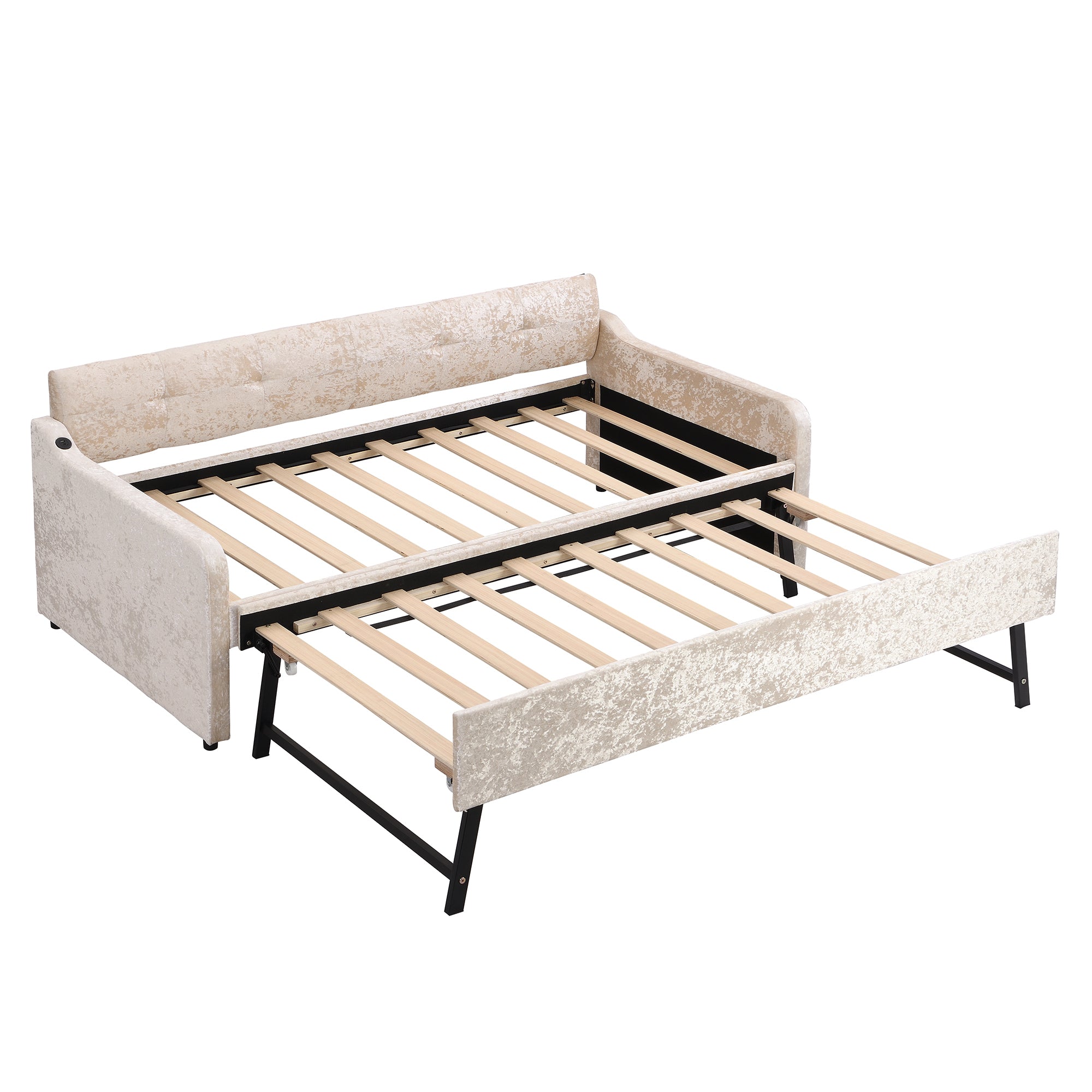 Twin Size Snowflake Velvet Daybed with Trundle and USB Charging Design,Beige - Atlantic Fine Furniture Melbourne FL