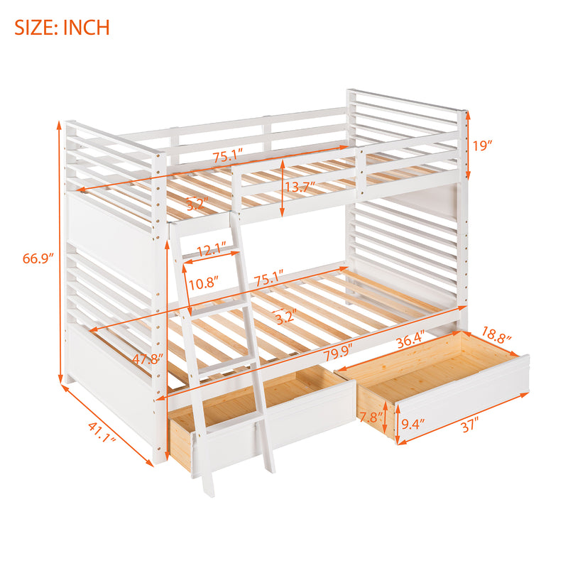 Twin over Twin Wood Bunk Bed with Two Drawers - White