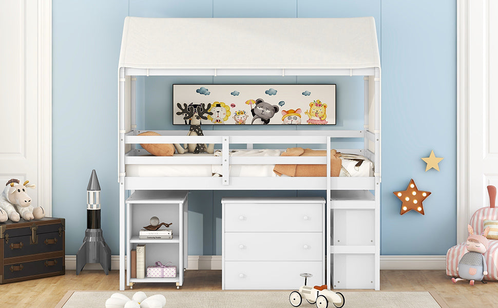 Twin Size Loft Bed with Rolling Cabinet, Shelf and Tent - White - Atlantic Fine Furniture Melbourne FL