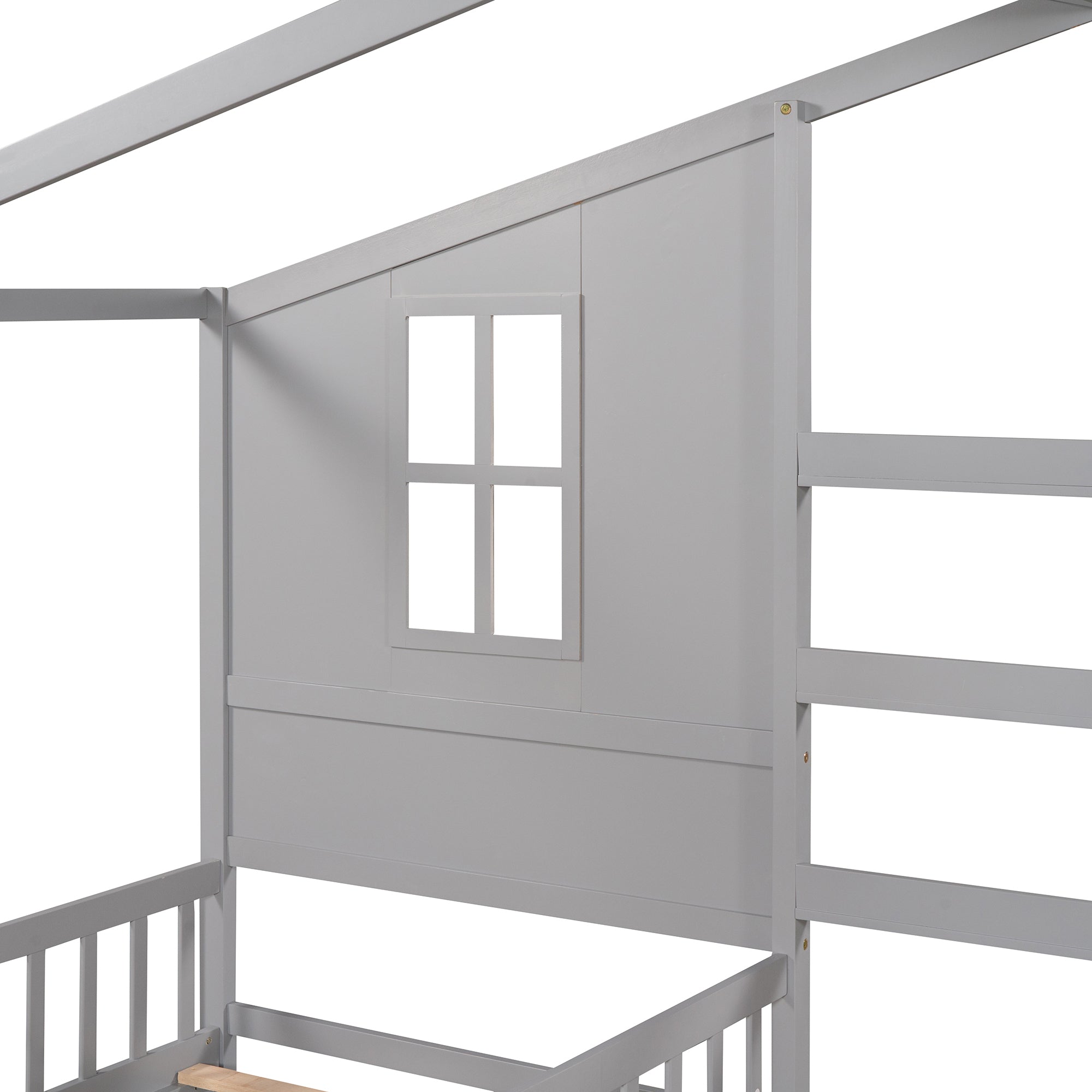 Wood House Bed Twin Size, 2 Twin Solid Bed L structure with fence and slatted frame (Gray) - Atlantic Fine Furniture Melbourne FL