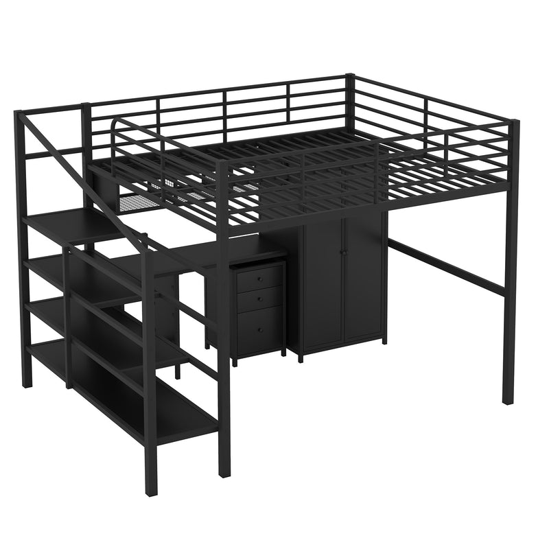 Full Size Loft Bed With Desk Set And Wardrobe - Black
