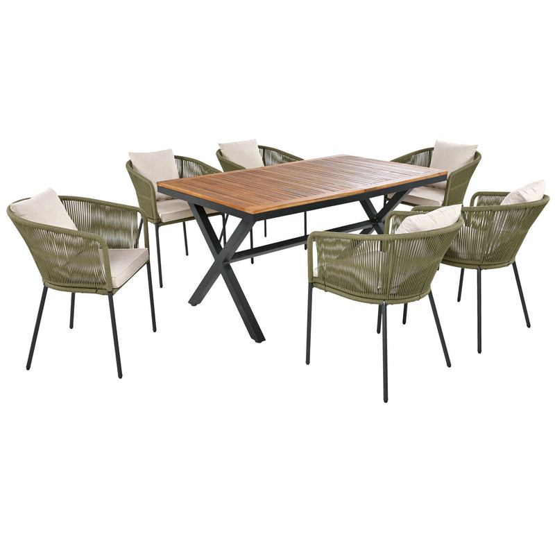 7 Pieces Patio Dining Set, All-Weather Outdoor Furniture Set With Dining Table And Chairs, Acacia Wood Tabletop, Metal Frame, For For Garden, Backyard, Balcony - Green