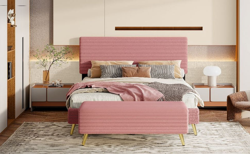 2 Piece Bedroom Sets Upholstered Bed Frame, Modern Corduroy Storage Ottoman