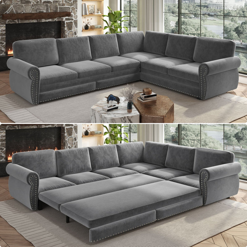 L-Shaped Sofa Couch With Pull Out Bed With Nailhead Trim & Rolled Arm, Sectional Couches, For Living Room - Light Gray