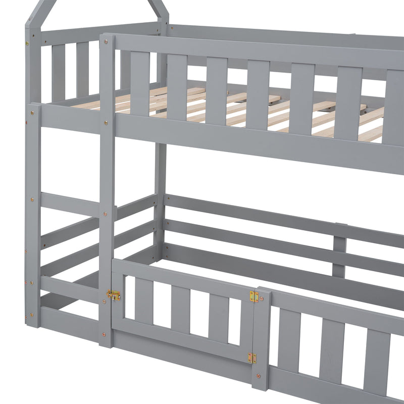 Twin Over Twin House Bunk Bed With Fence And Door - Gray