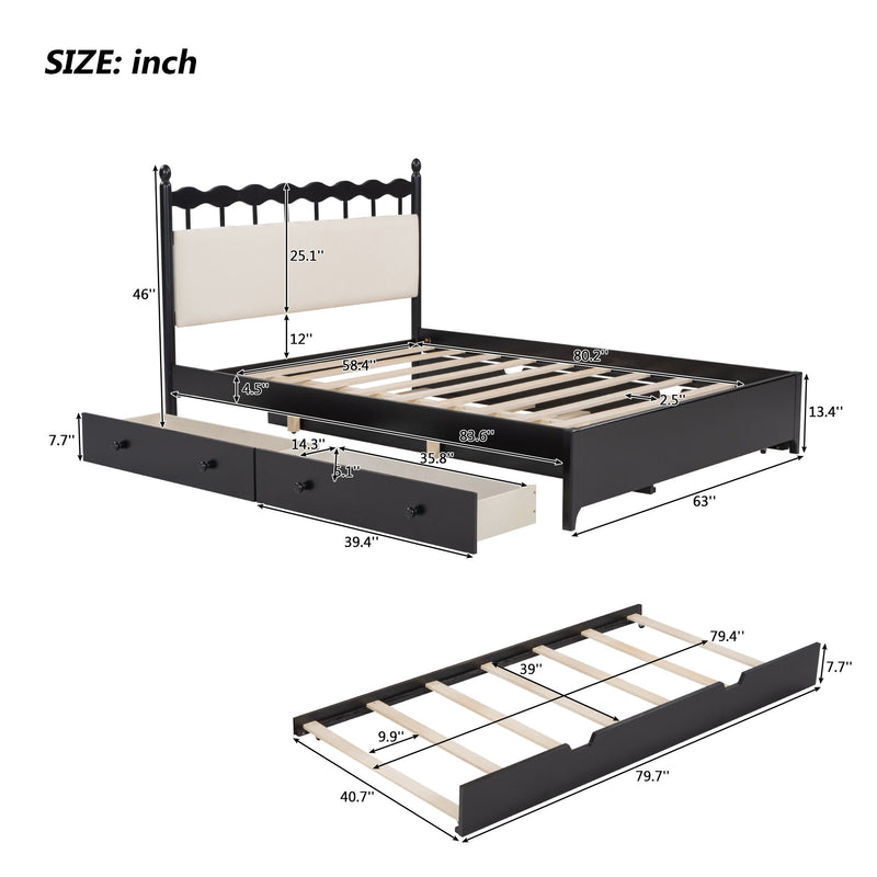 Wooden Storage Platform Bed, With 2 Big Drawers & Trundle