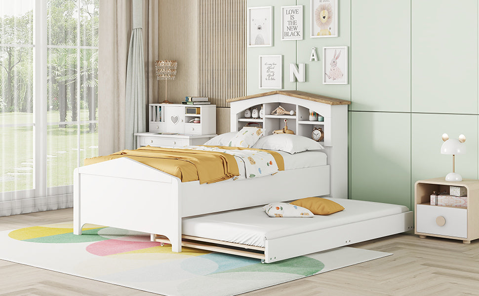 Twin Size Wood Platform Bed with House-shaped Storage Headboard and Trundle, White - Atlantic Fine Furniture Melbourne FL