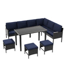 7 Piece Outdoor Furniture Set With Waterproof Cushions, Glass Table, And Space Saving Design - Blue