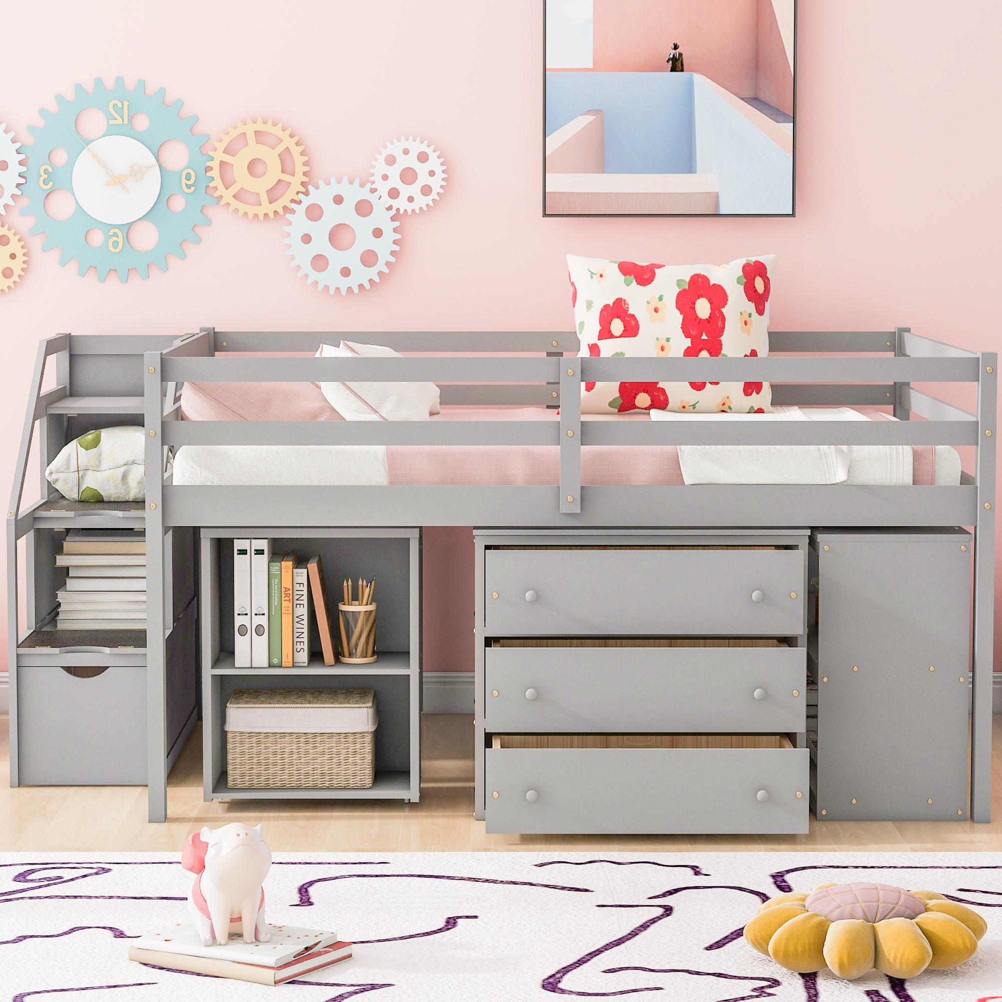 Full Size Loft Bed with Retractable Writing Desk and 3 Drawers, Wooden Loft Bed with Storage Stairs and Shelves, Gray - Atlantic Fine Furniture Melbourne FL