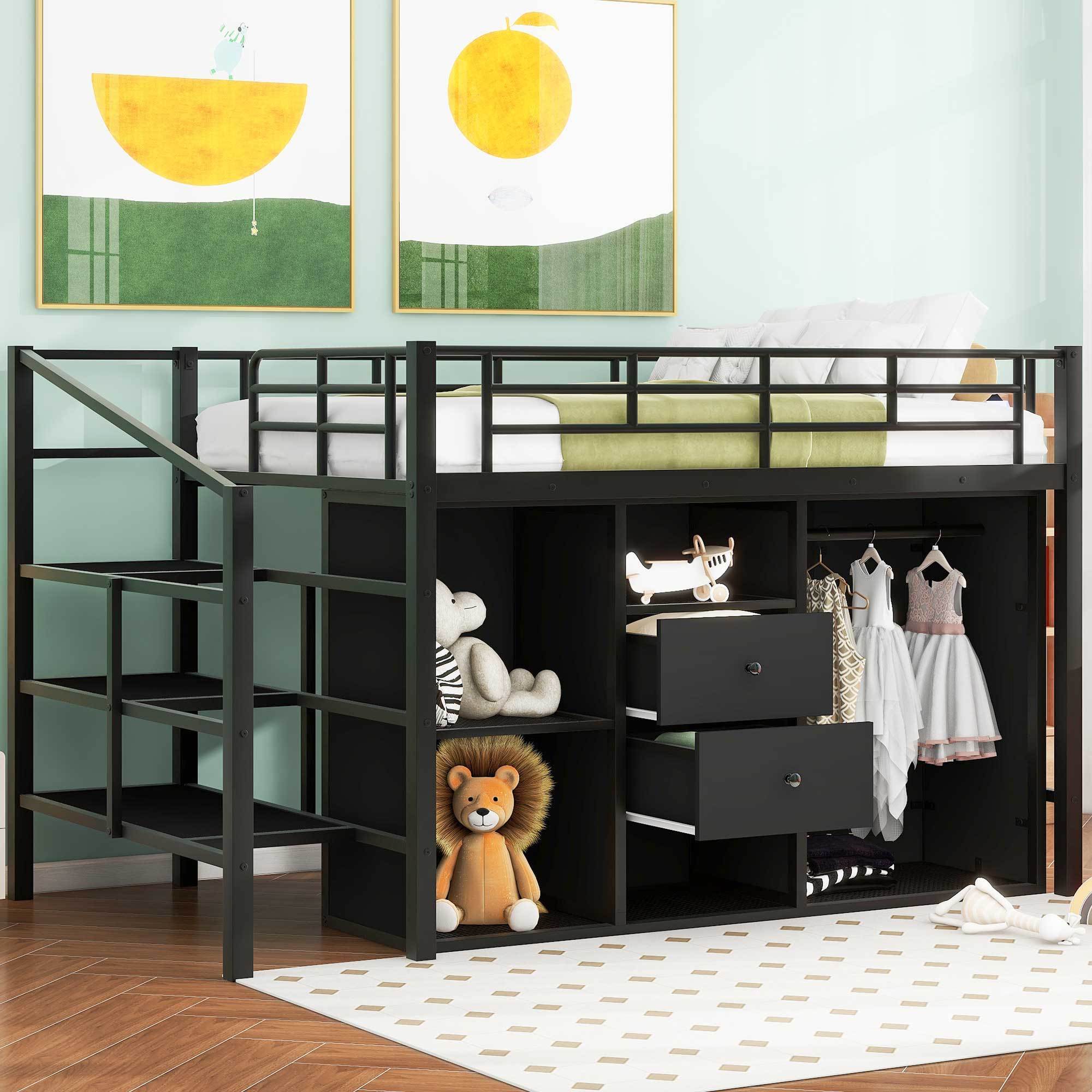 Full Size Metal Loft Bed with Drawers, Storage Staircase and Small Wardrobe - Atlantic Fine Furniture Melbourne FL