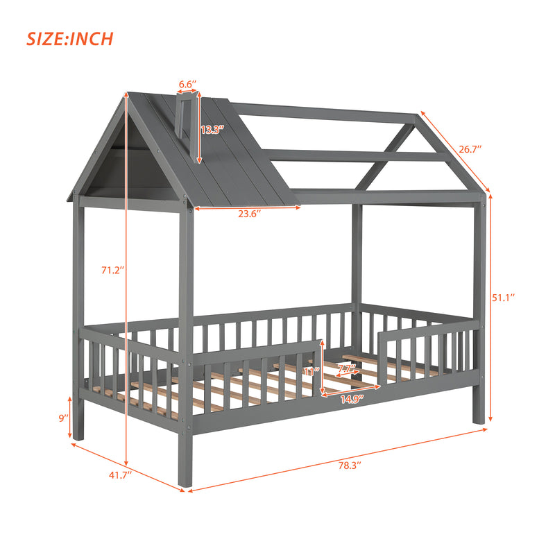 Twin Size Wood House Bed with Fence, Gray