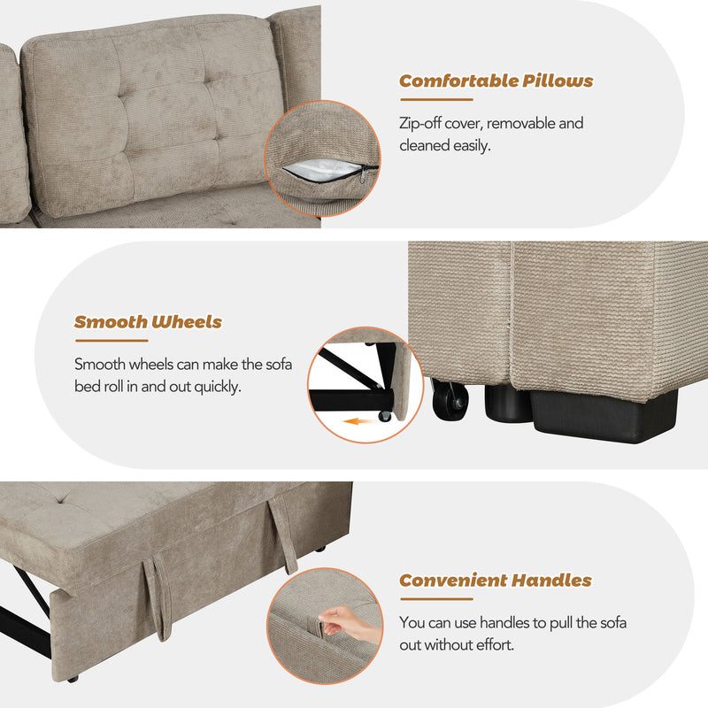 L-Shape Sofa Bed Pull-Out Sleeper Sofa With Wheels, USB Ports, Power Sockets For Living Room