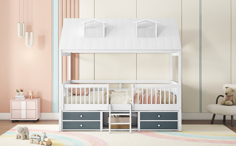 Full Size Wood Bed House Bed Frame,White