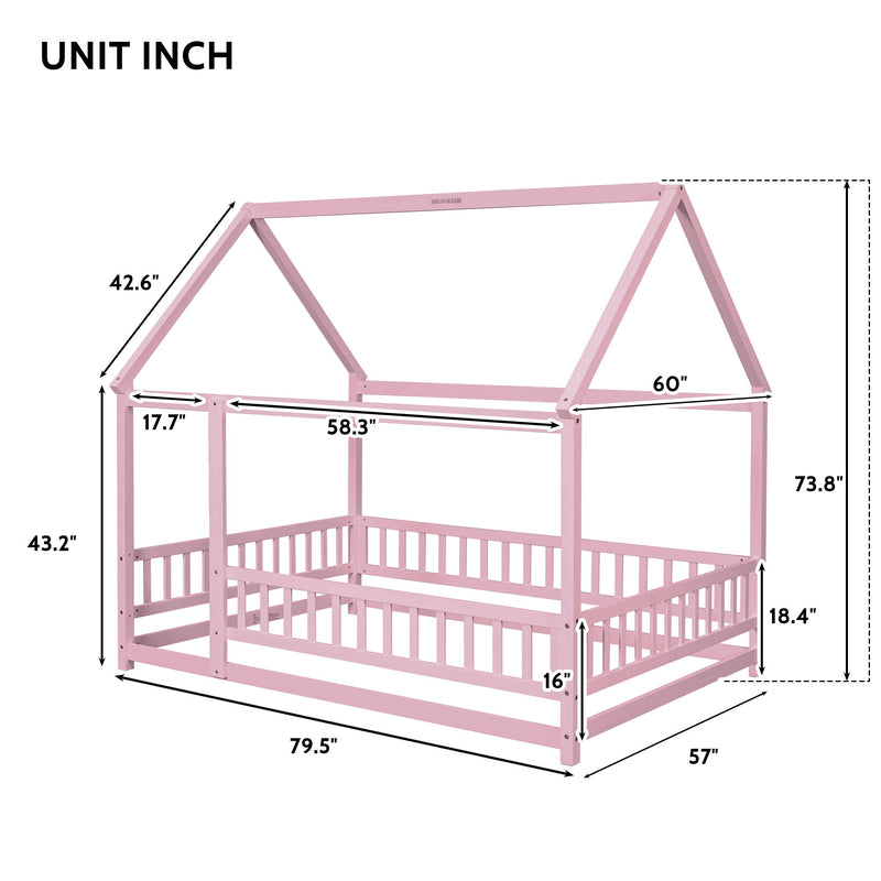 Floor Wooden Bed With House Roof Frame, Fence Guardrails