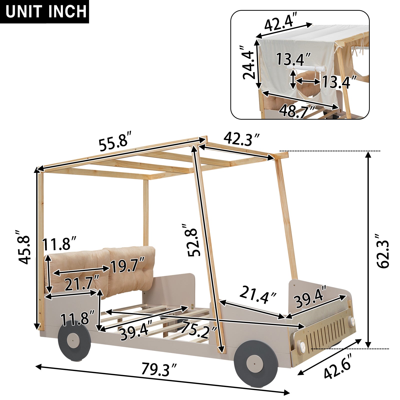 Wood Twin Size Car Bed with Pillow, Ceiling Cloth and LED, Natural - Atlantic Fine Furniture Melbourne FL