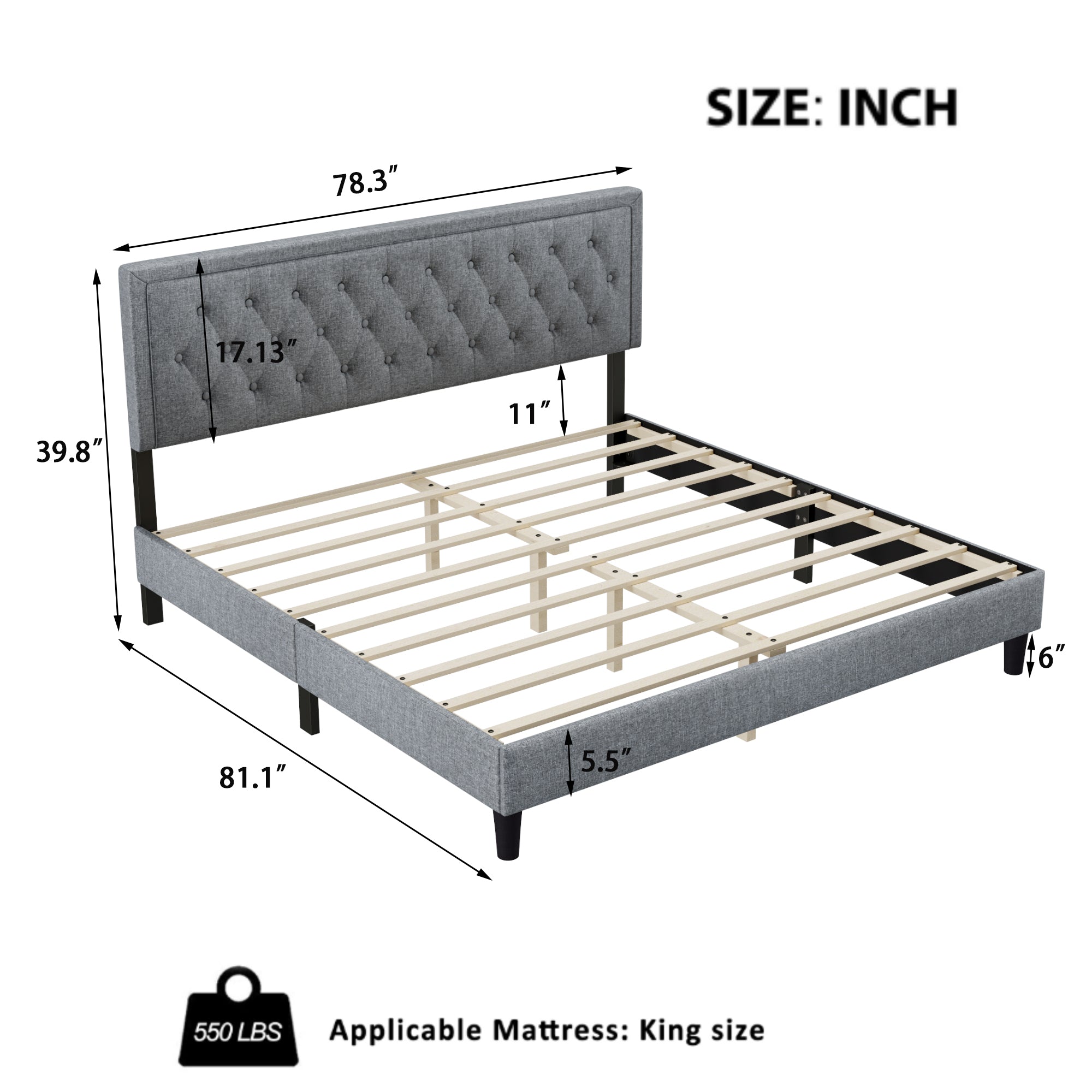 King size Panel Bed Frame with Adjustable Button-Tufted Headboard for Bedroom/Linen Upholstered/Wood Slat Support/Easy Assembly,Light Grey
