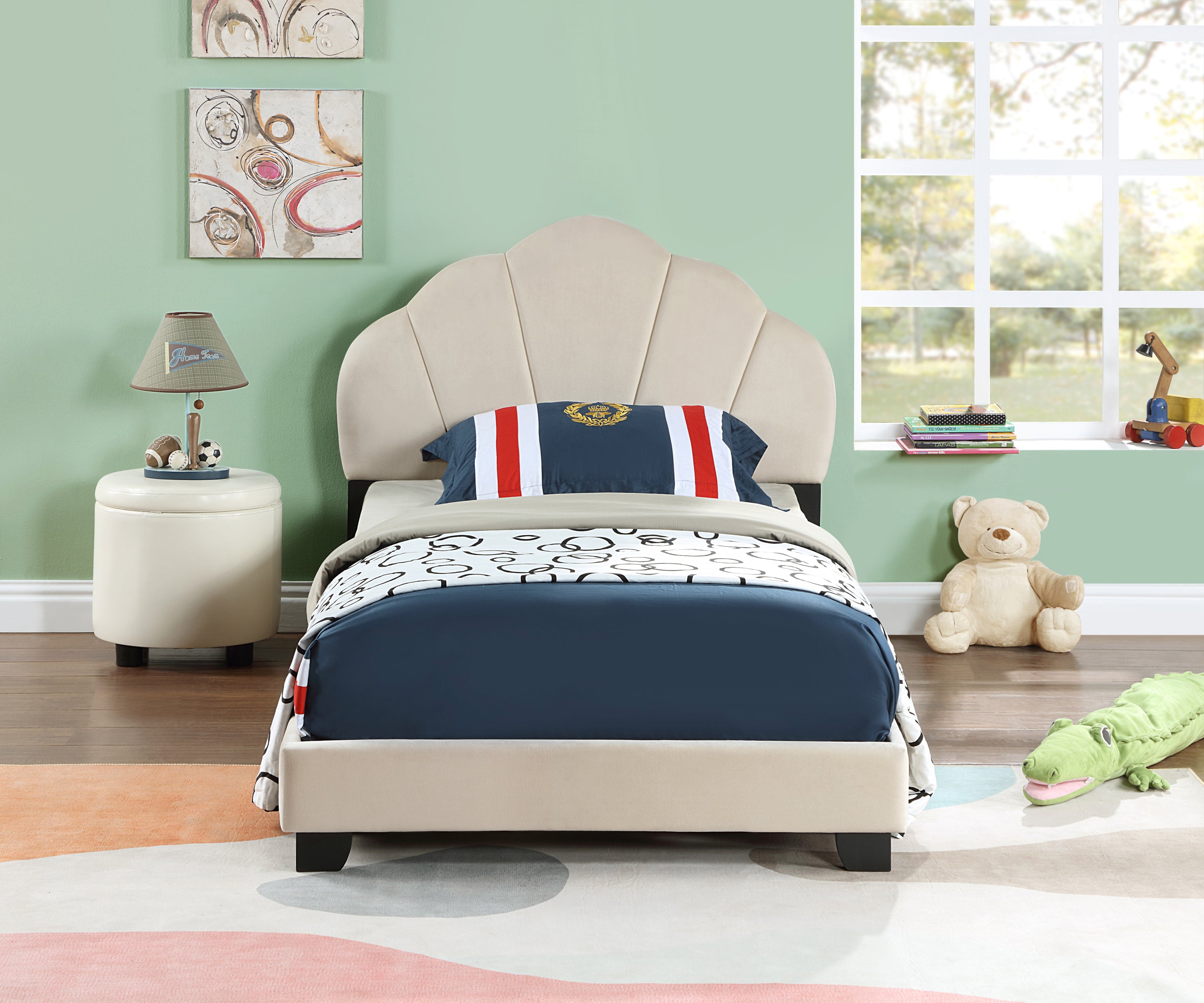 Upholstered Twin Size Platform Bed for Kids, with Slatted Bed Base, No Box Spring Needed, Beige color, Shell Design - Atlantic Fine Furniture Melbourne FL