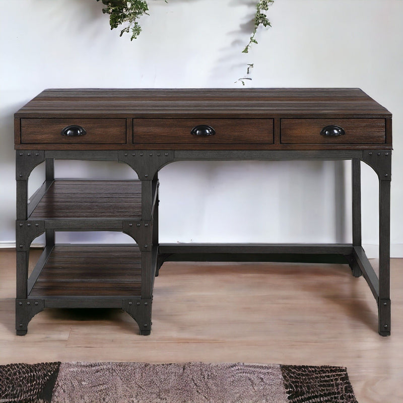 Antique Metal Writing Desk - Espresso / Oak