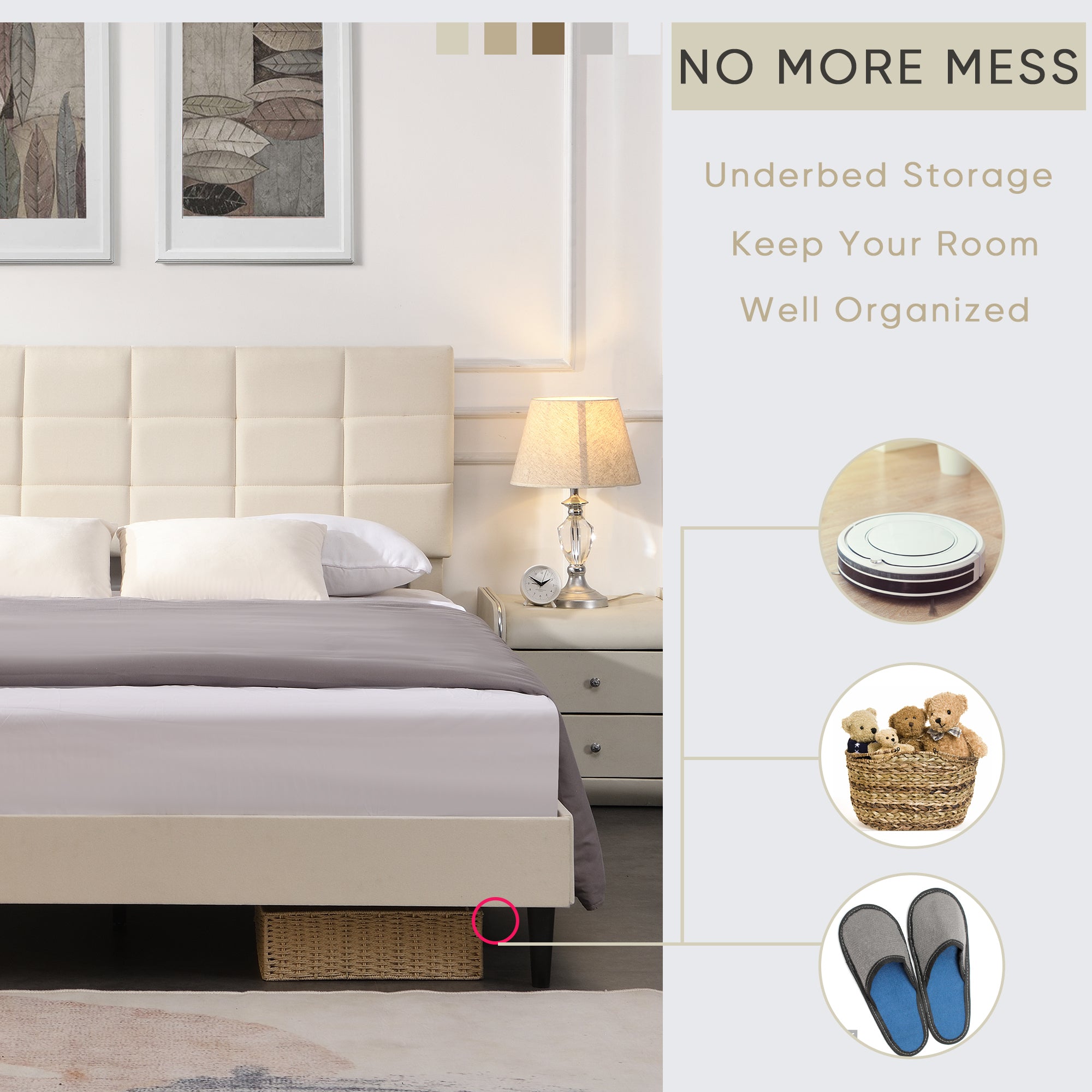 Full Size Platform Bed Frame with Fabric Upholstered Headboard and Wooden Slats, No Box Spring Needed/Easy Assembly, Beige