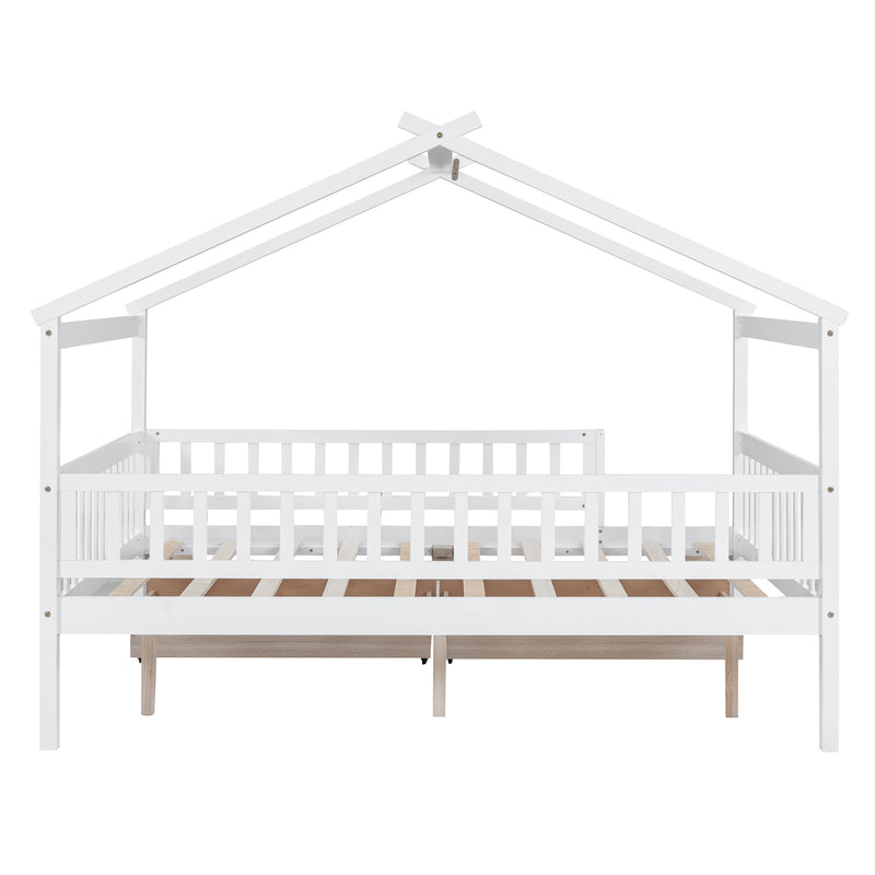 Full Size Wooden House Bed with Two Drawers, White
