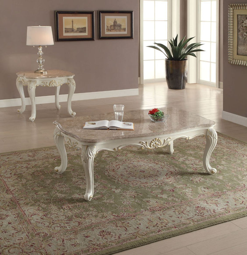 KD, Rect. Coffee Table w/Marble Top • Curved Apron w/Scrolled Ornamental Details • Leg: Queen Anne w/Leaf Accent