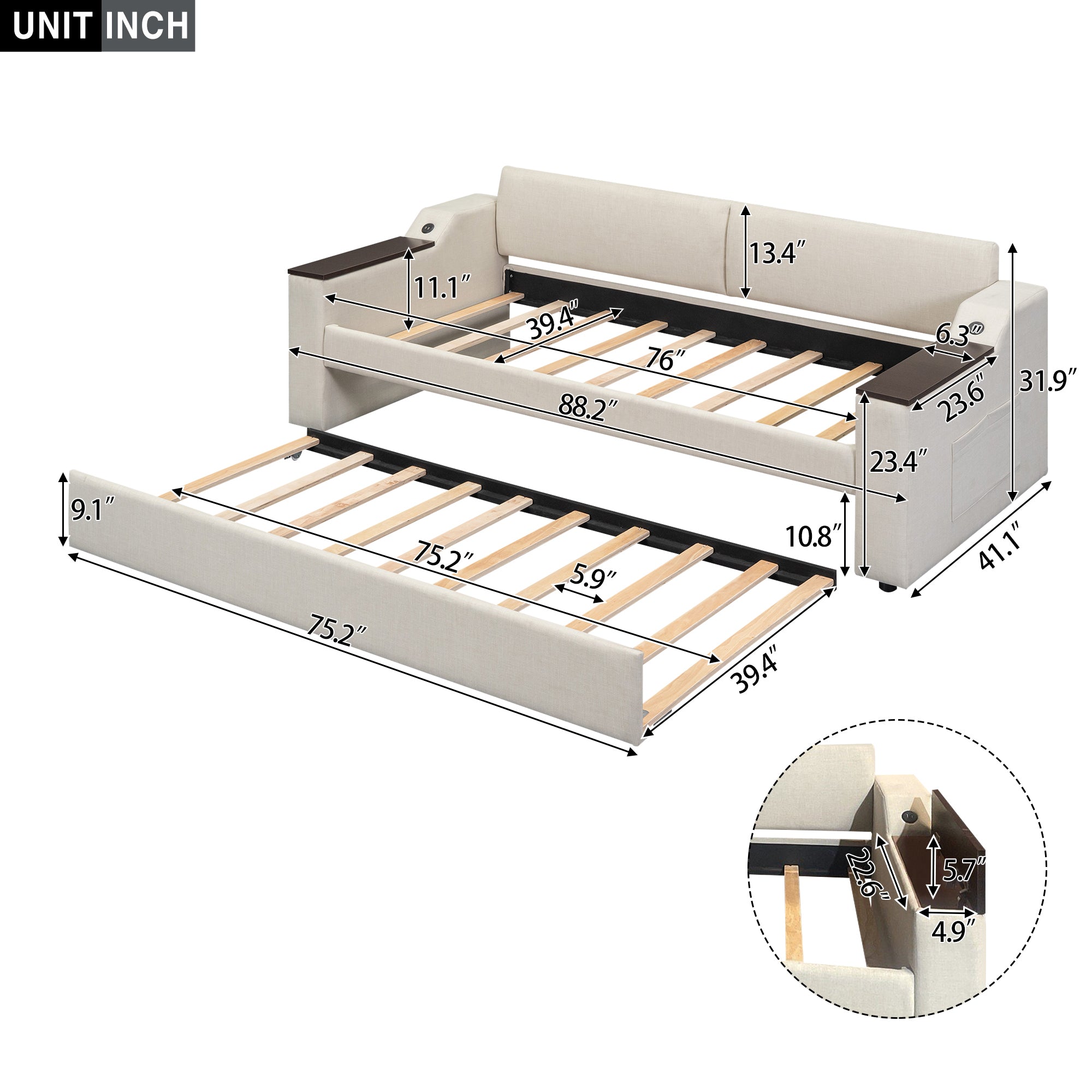 Twin Size Upholstery Daybed with Storage Arms, Trundle and USB Design, Beige - Atlantic Fine Furniture Melbourne FL