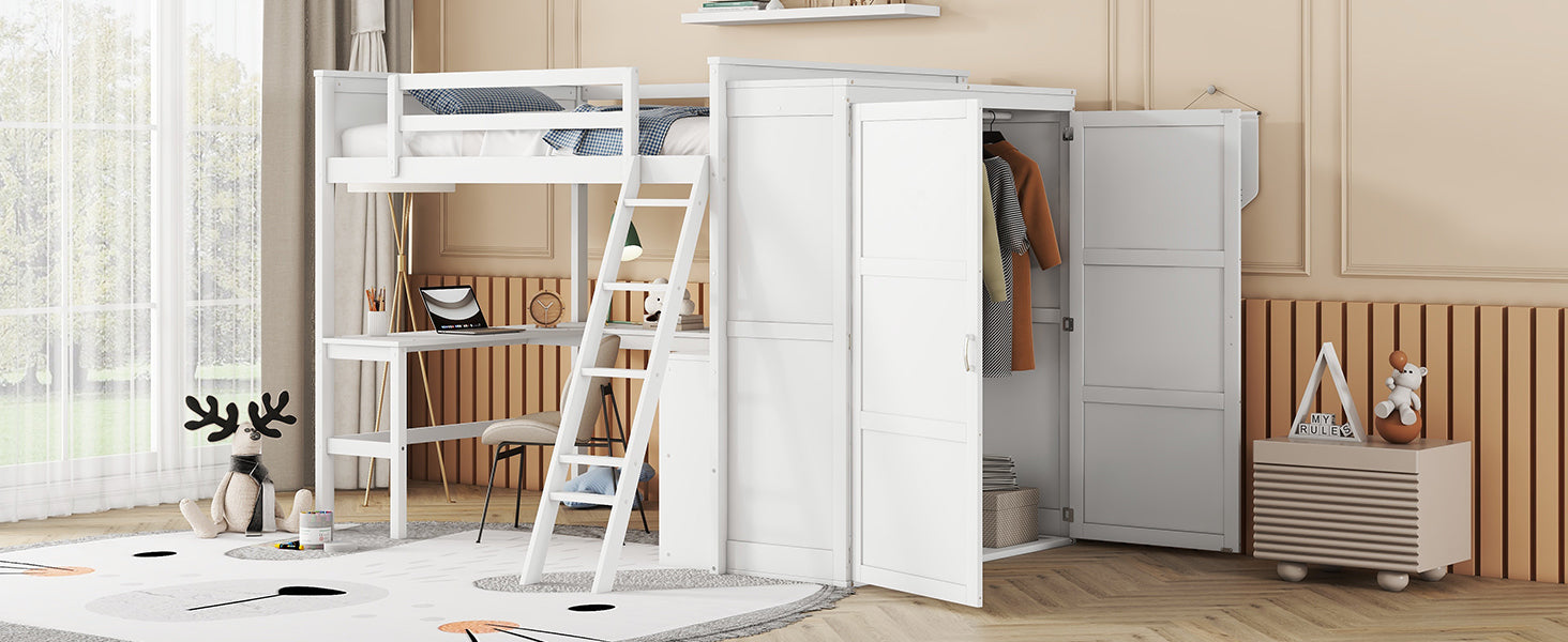 Full size Loft Bed with Desk, Shelves and Wardrobe-White - Atlantic Fine Furniture Melbourne FL