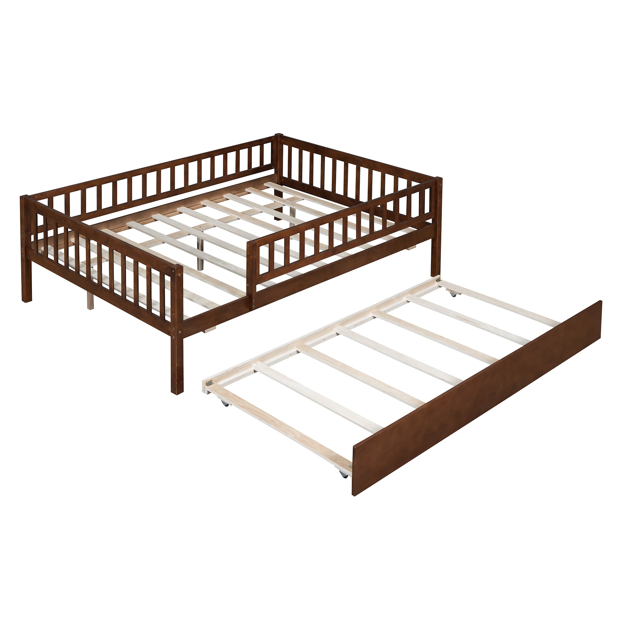 Full Size Wood Daybed with Trundle and Fence Guardrails, Walnut - Atlantic Fine Furniture Melbourne FL