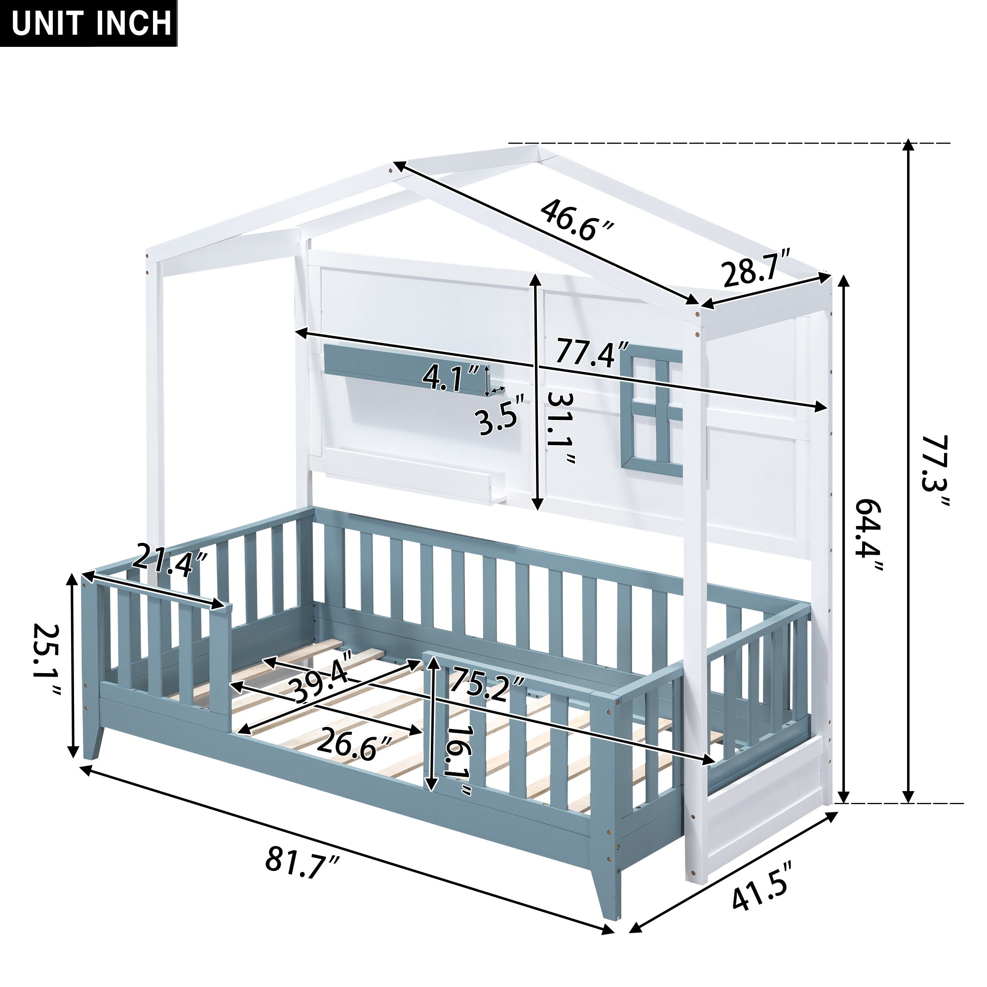 Twin Size Wood House Bed with 2 Shelves and Guardrail, White - Atlantic Fine Furniture Melbourne FL