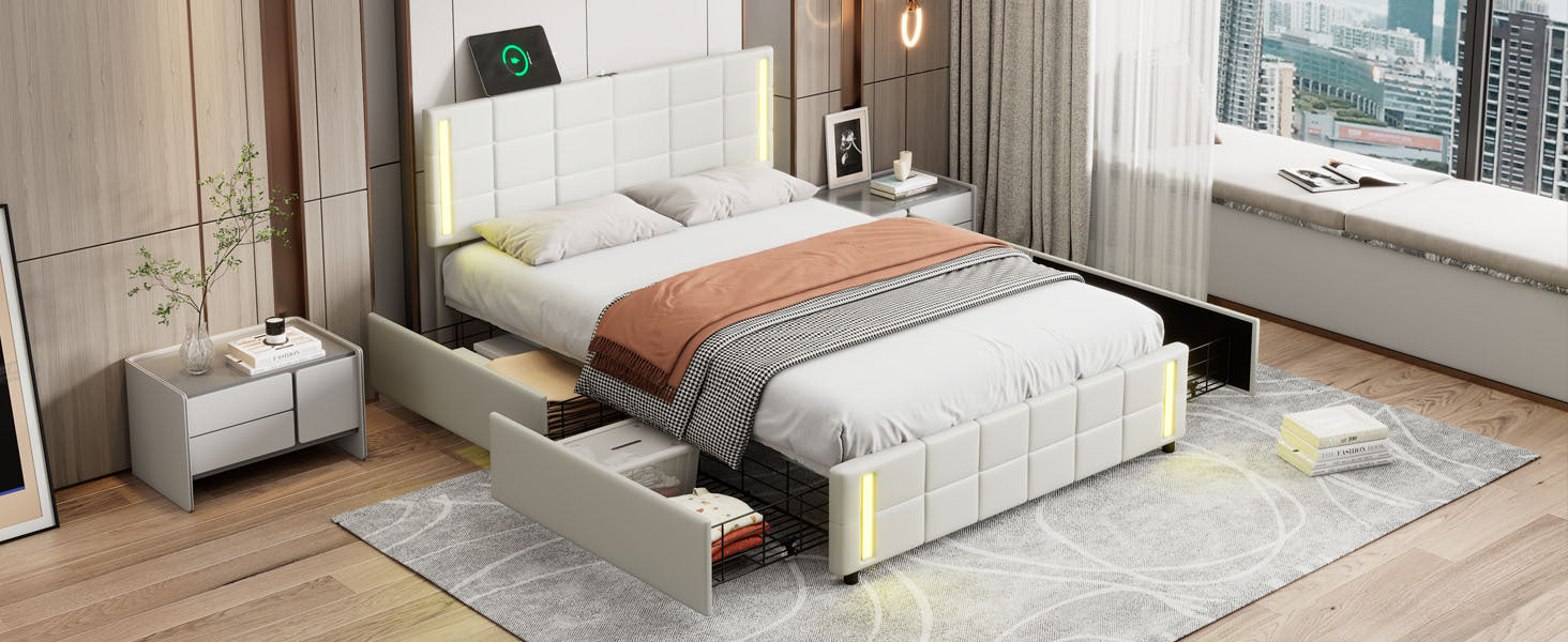 Queen Size Upholstered Platform Bed with LED Lights and USB Charging, Storage Bed with 4 Drawers, White - Atlantic Fine Furniture Melbourne FL