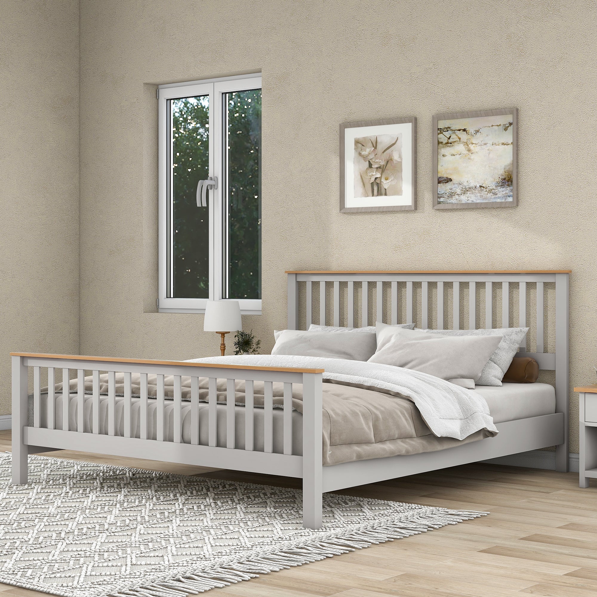 Country Style Concise Gray Solid Platform Bed with Oak Top, No Box Spring Needed, King - Atlantic Fine Furniture Melbourne FL