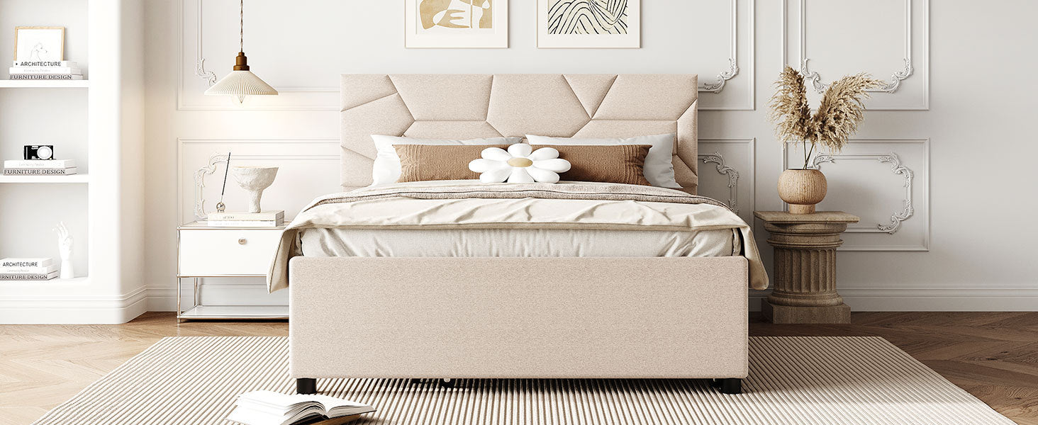 Full Size Upholstered Platform Bed with Brick Pattern Headboard and Twin Size Trundle, Linen Fabric, Beige - Atlantic Fine Furniture Melbourne FL