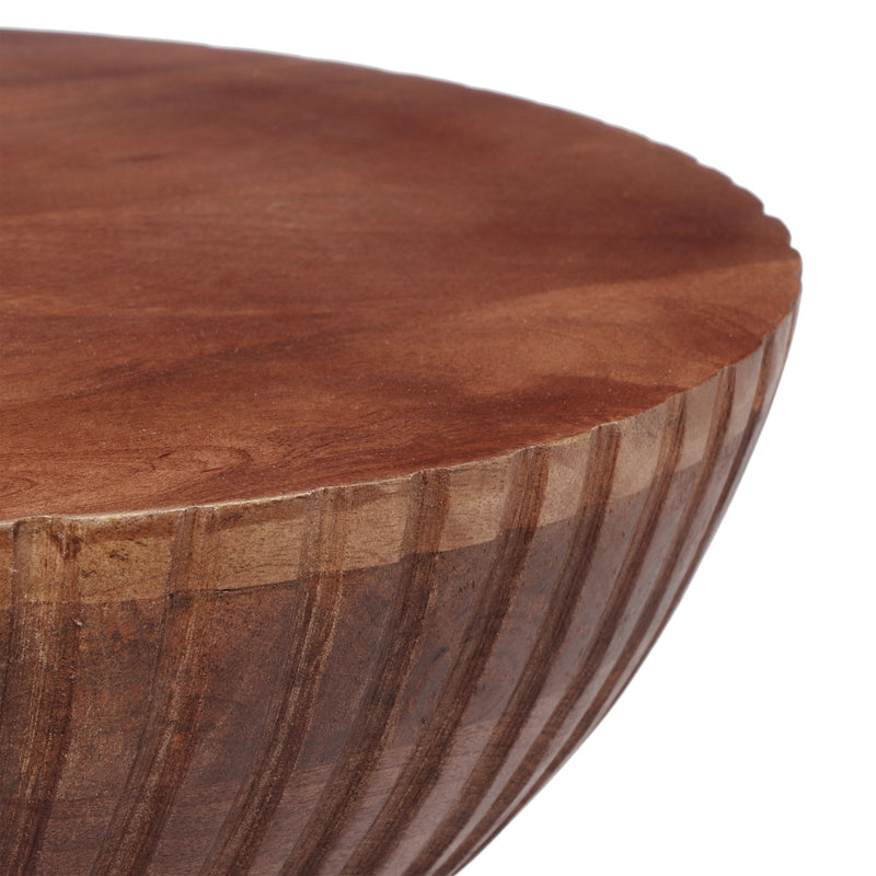 Modern Mango Wood Round Drum End Table, Solid Wood - Honey