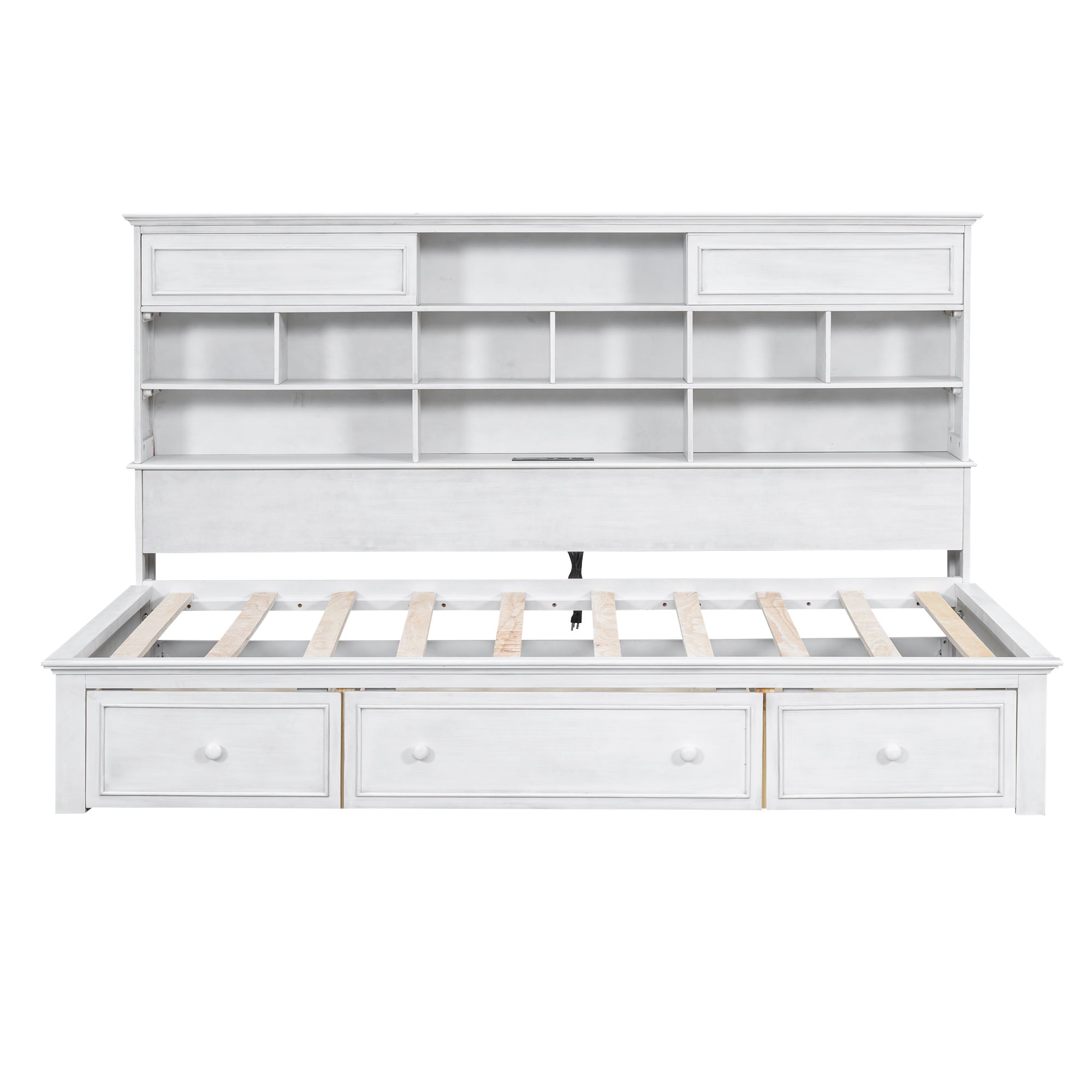 Twin Size Wood Daybed with Multi-Storage Shelves, Charging Station and 3 Drawers, Antique White - Atlantic Fine Furniture Melbourne FL