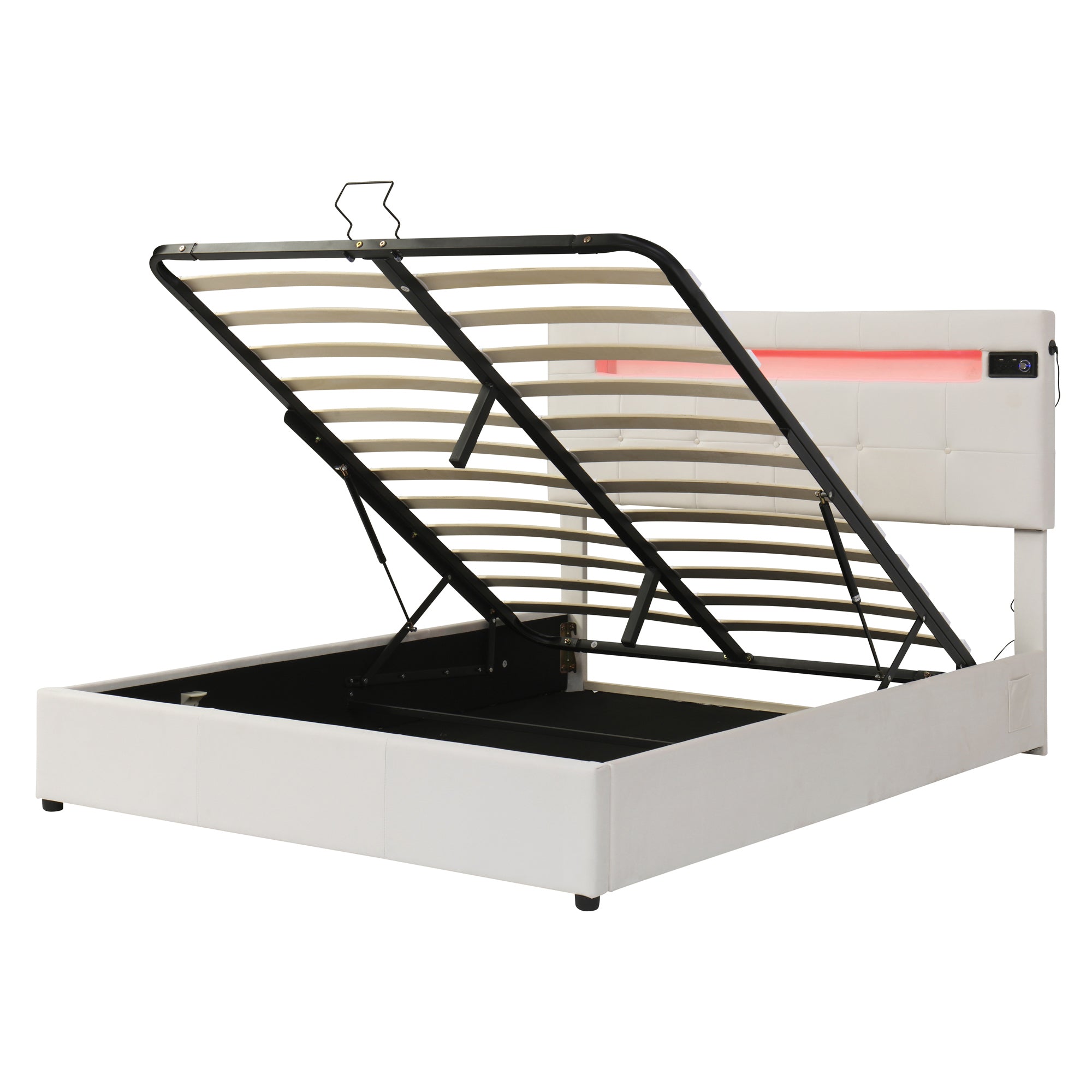 Full Size Upholstered Bed with LED Light and Integrated Bluetooth Audio System, Modern Platform Bed with Hydraulic Storage System and USB Port, Velvet , Beige - Atlantic Fine Furniture Melbourne FL