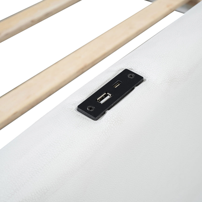 Twin Size Upholstered Platform Bed With Guardrail And Charging Station - White