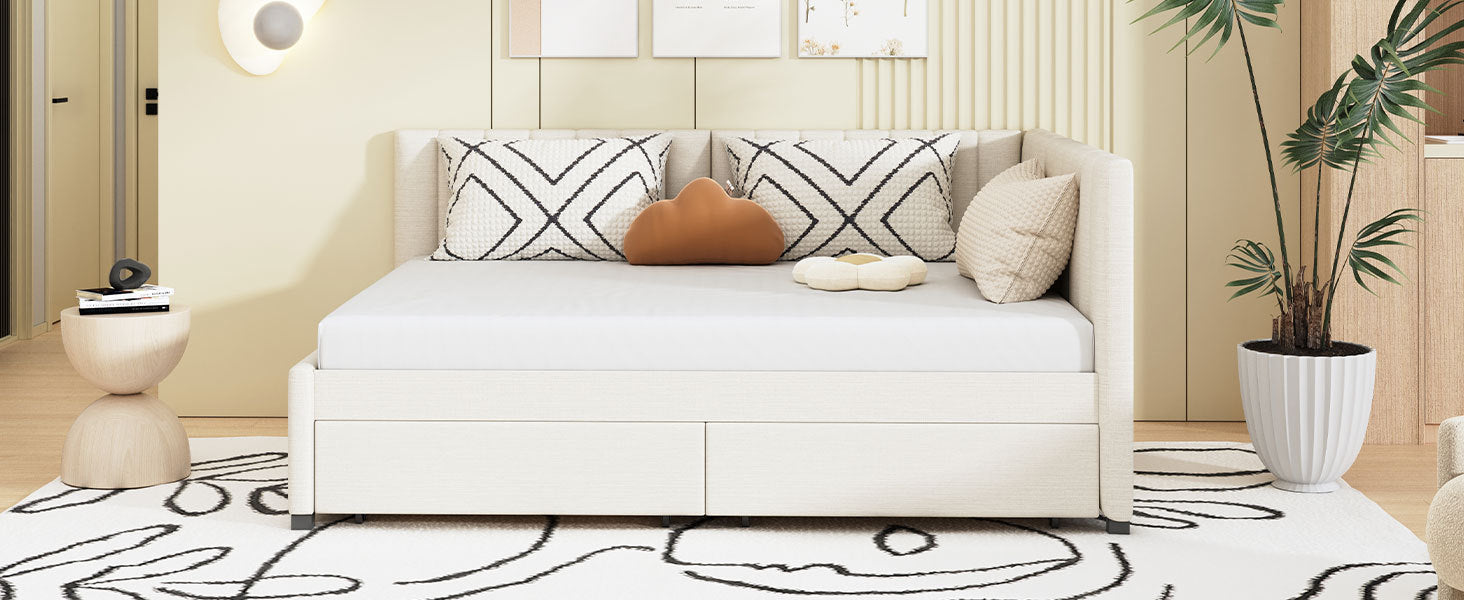 Full Size Upholstered Daybed with 2 Storage Drawers Sofa Bed Frame No Box Spring Needed, Linen Fabric (Beige) - Atlantic Fine Furniture Melbourne FL