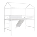 Metal House Bed With Slide, Twin Size Metal Loft Bed with Two-sided writable Wooden Board (White )