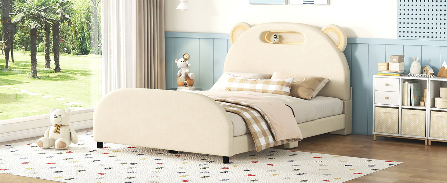 Full Size Upholstered Platform Bed with Bear-Shaped Headboard and Embedded Light Stripe, Velvet, Beige - Atlantic Fine Furniture Melbourne FL