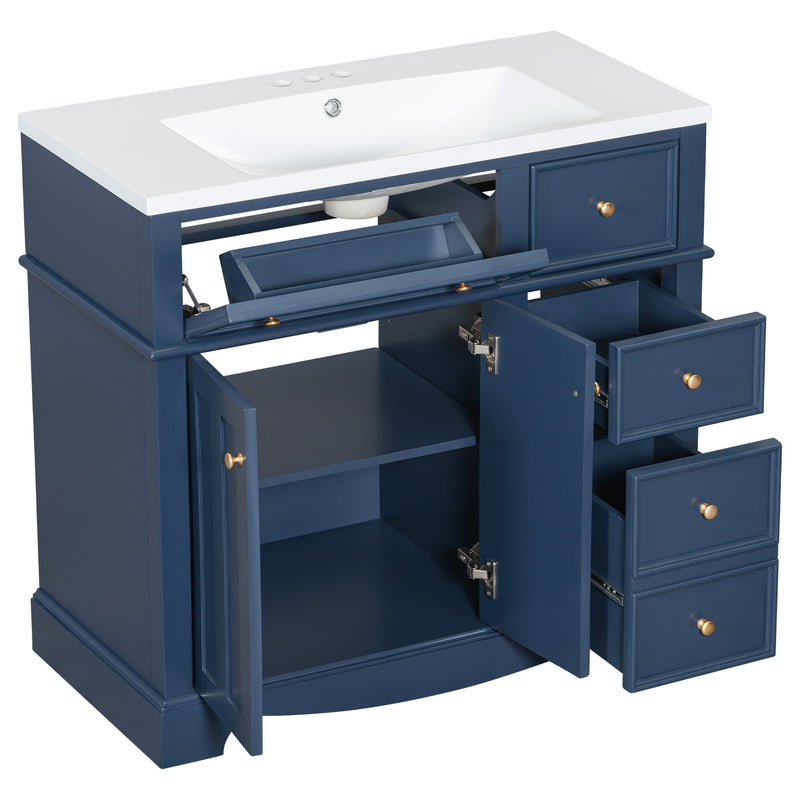 Bathroom Vanity With Resin Sink Combo, Frame Bathroom Storage Cabinet, Freestanding Vanity Set With 3 Drawers & Adjustable Shelf - Blue