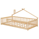 Twin House-Shaped Bedside Floor Bed with Guardrails, Slats, without Door ,Natural