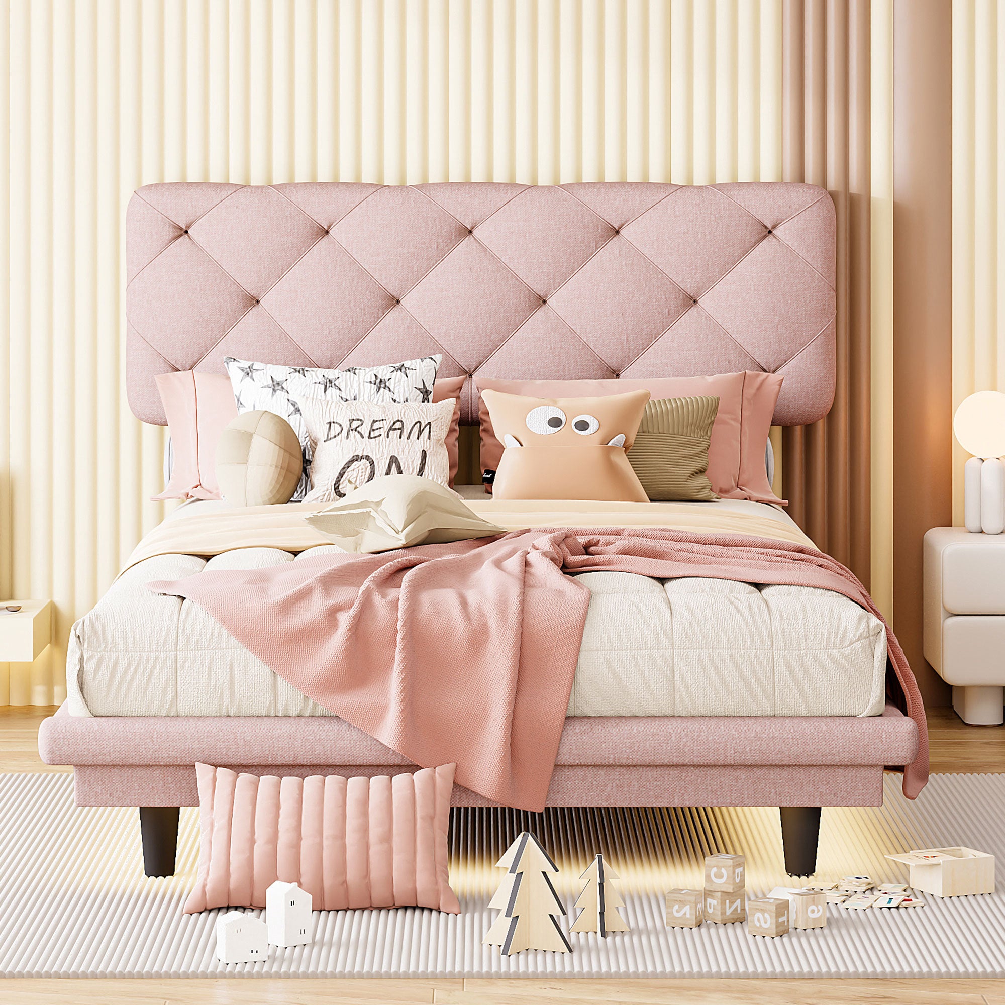 Twin Size Upholstered Bed with Light Stripe, Floating Platform Bed, Linen Fabric,Pink - Atlantic Fine Furniture Melbourne FL